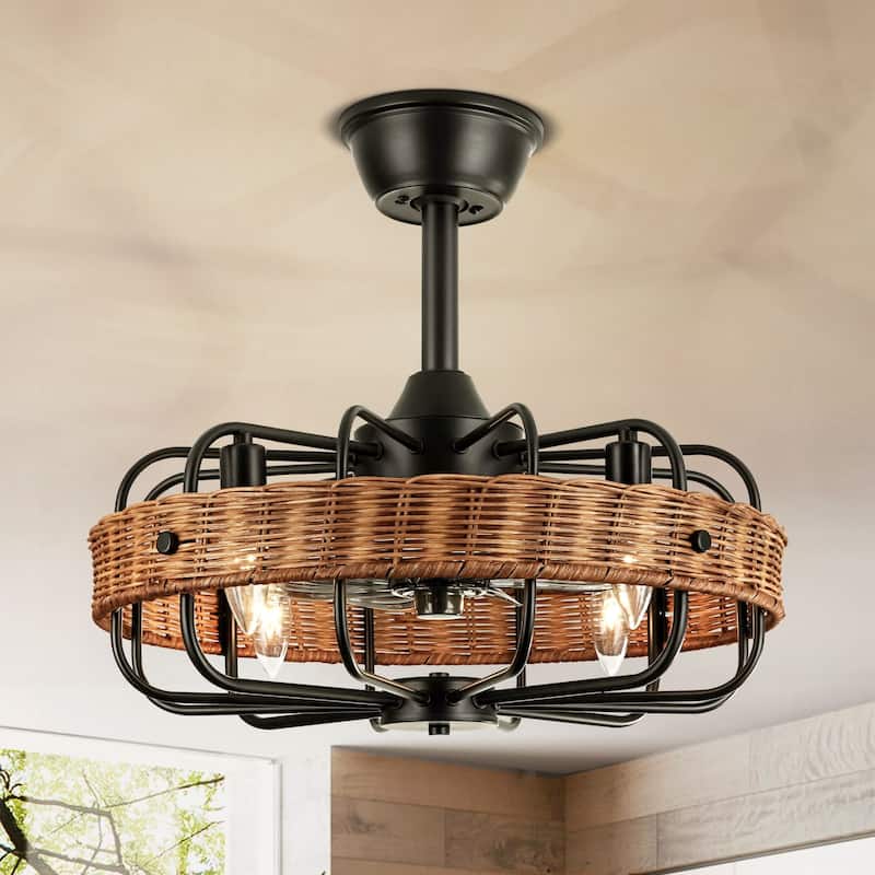 4-Light Farmhouse Modern Brown Drum Ceiling Fan Lighting with Woven Rattan Accent - 18.5 in. W x 5.7 in. H