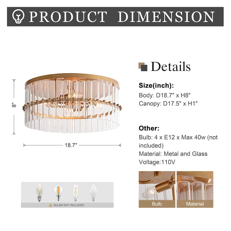 Casandra 18.7" 4-Light Hollow Half-cut Glass Drum Flush Mount - Brushed Brass