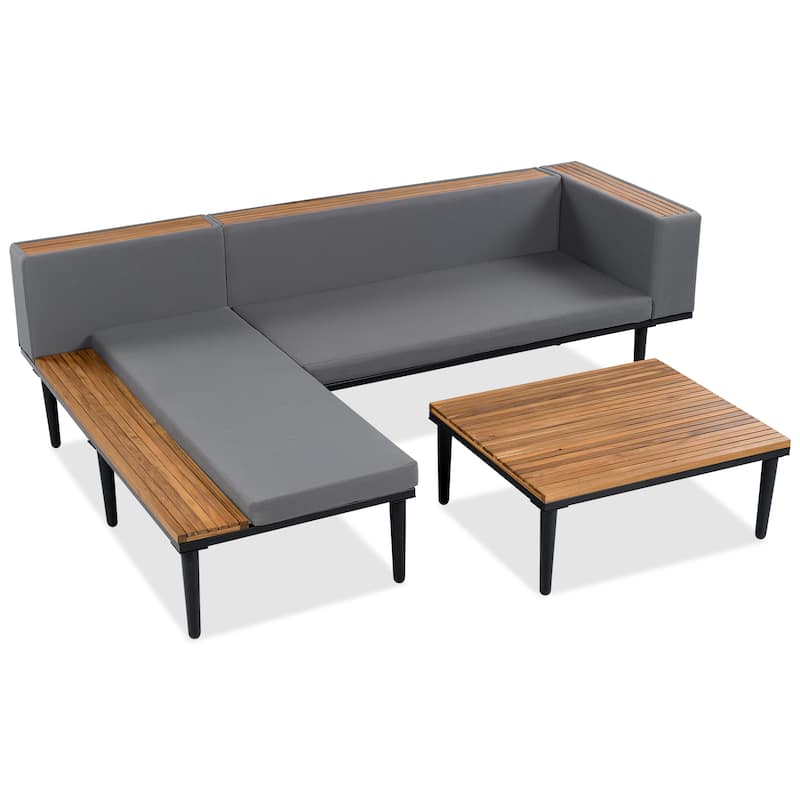 89.4" Outdoor Patio L-Shaped Acacia Wood Sectional Sofa Set with Coffee Table and Side Table