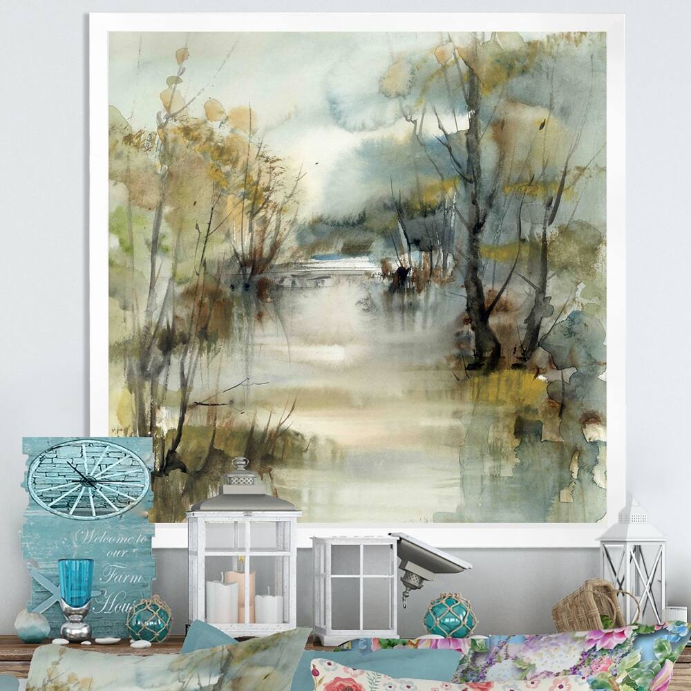 Designart "Winter River Landscape Illustration" Traditional Framed Wall Decor