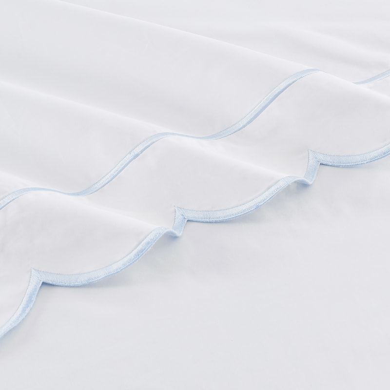 Percale Cotton Scalloped Embroidered Crisp Sheet Set - 4pcs Queen Set - Blue
