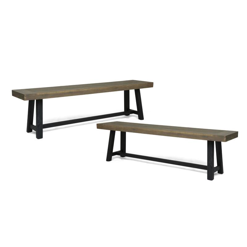 Roomfitters Outdoor Acacia Wood Dining Benches with H-Stretcher Base, Rustic Farmhouse, Set of 2