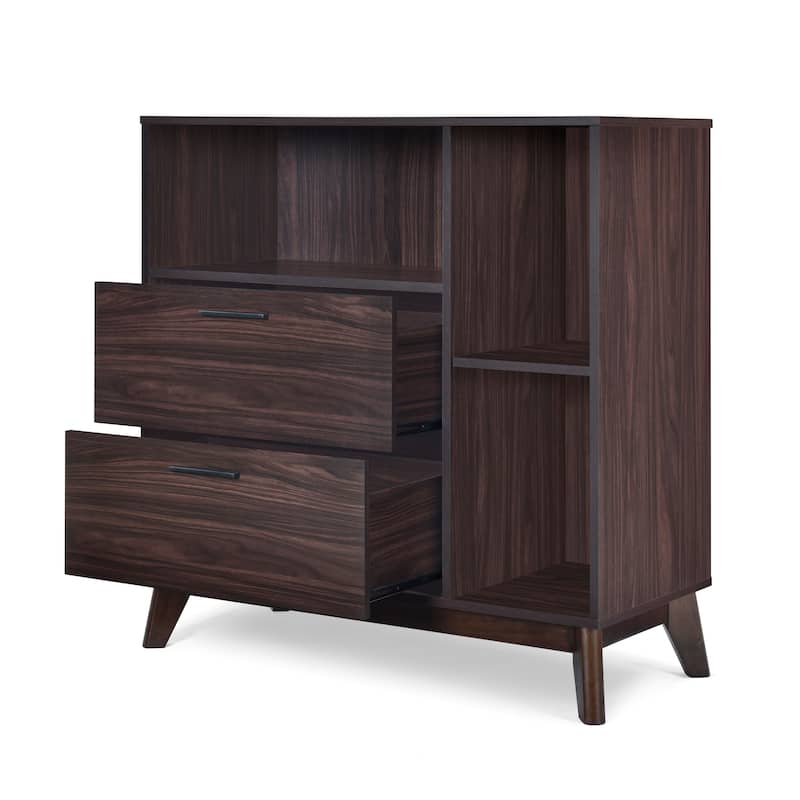 Roomfitters Mid-Century Modern Storage Cabinet with Two Drawers and Open Shelves, Wood Grain Finish