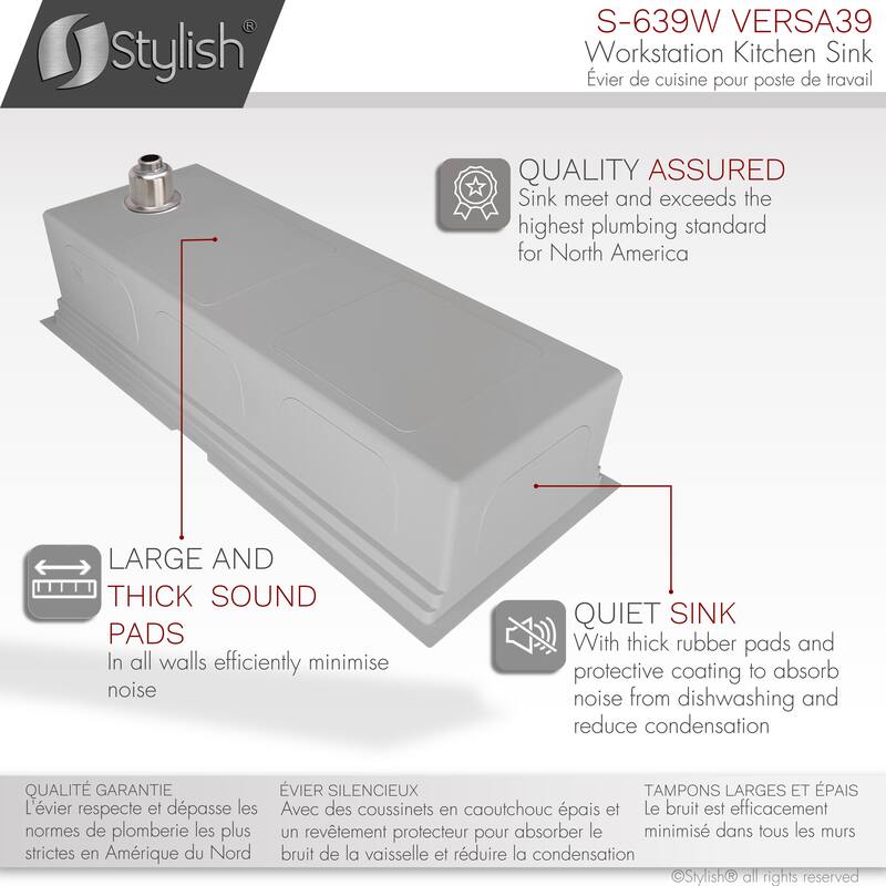 STYLISH 39 inches Workstation Single Bowl Undermount 16 Gauge Stainless Steel Kitchen Sink with Accessories included