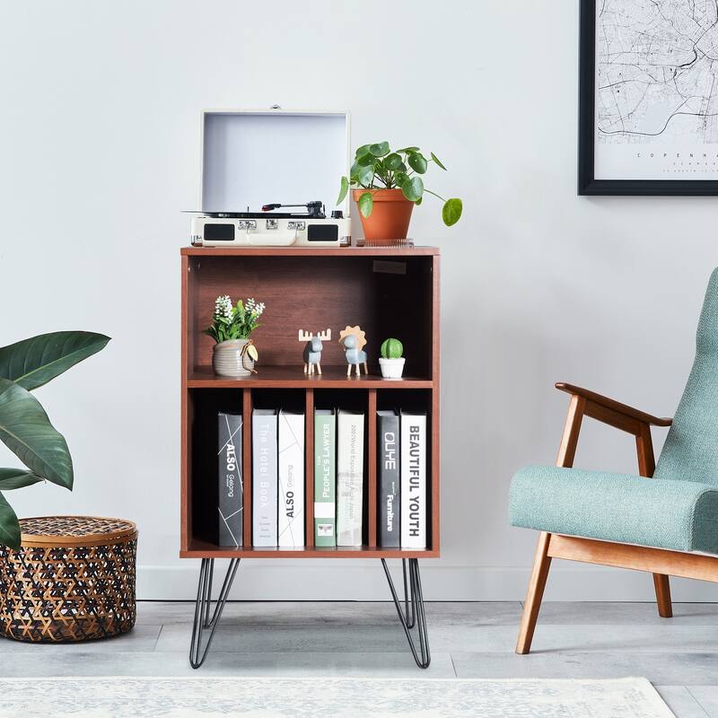 Freestanding Record Player Stand with Storage and Metal Legs