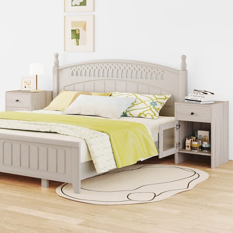Costway 1/2 PCS Farmhouse Nightstand Fluted Bed Side Table with Large - Antique Brush White