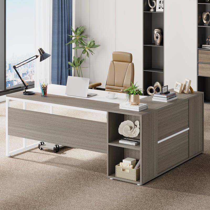 71 inch L Shaped Executive Desk with Cabinet, Corner Computer Desk (Rustic Brown)