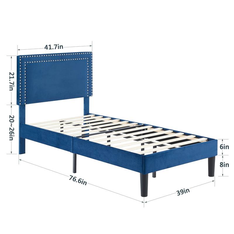 Tufted Nailhead Upholstered Platform Bed Frame with Adjustable Headboard，Blue