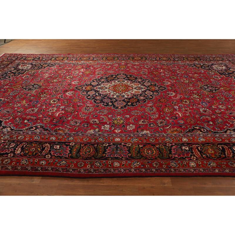 Hand Knotted Oriental 100% Wool Carpet Traditional Floral Red Mashad Area Rug - 16' 4'' X 10' 0''