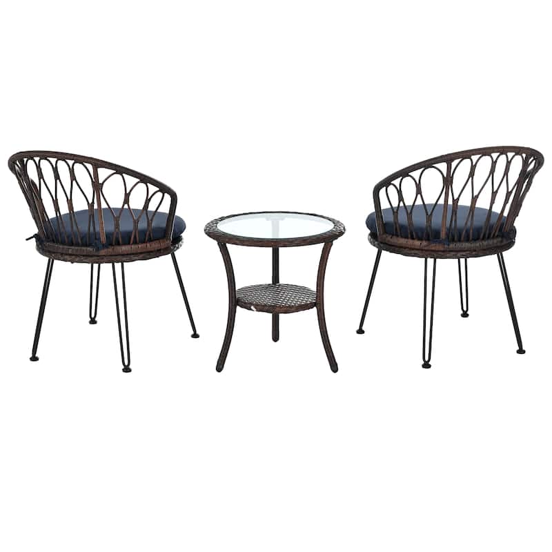 3 Pieces Rattan Bistro Set with A Glass Round Table for Patio