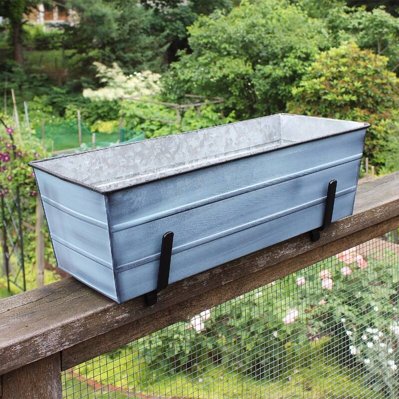Achla Designs Medium Galvanized Steel Flower Box Planter With Brackets for 2 x 6 Railings, 24 Inch Wide