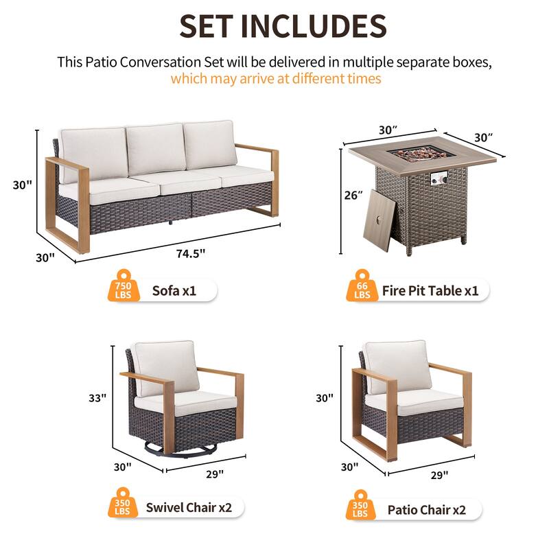 Pocassy 4/6/8PCS Sofa Swivel Chair with Fire Pit Table Set