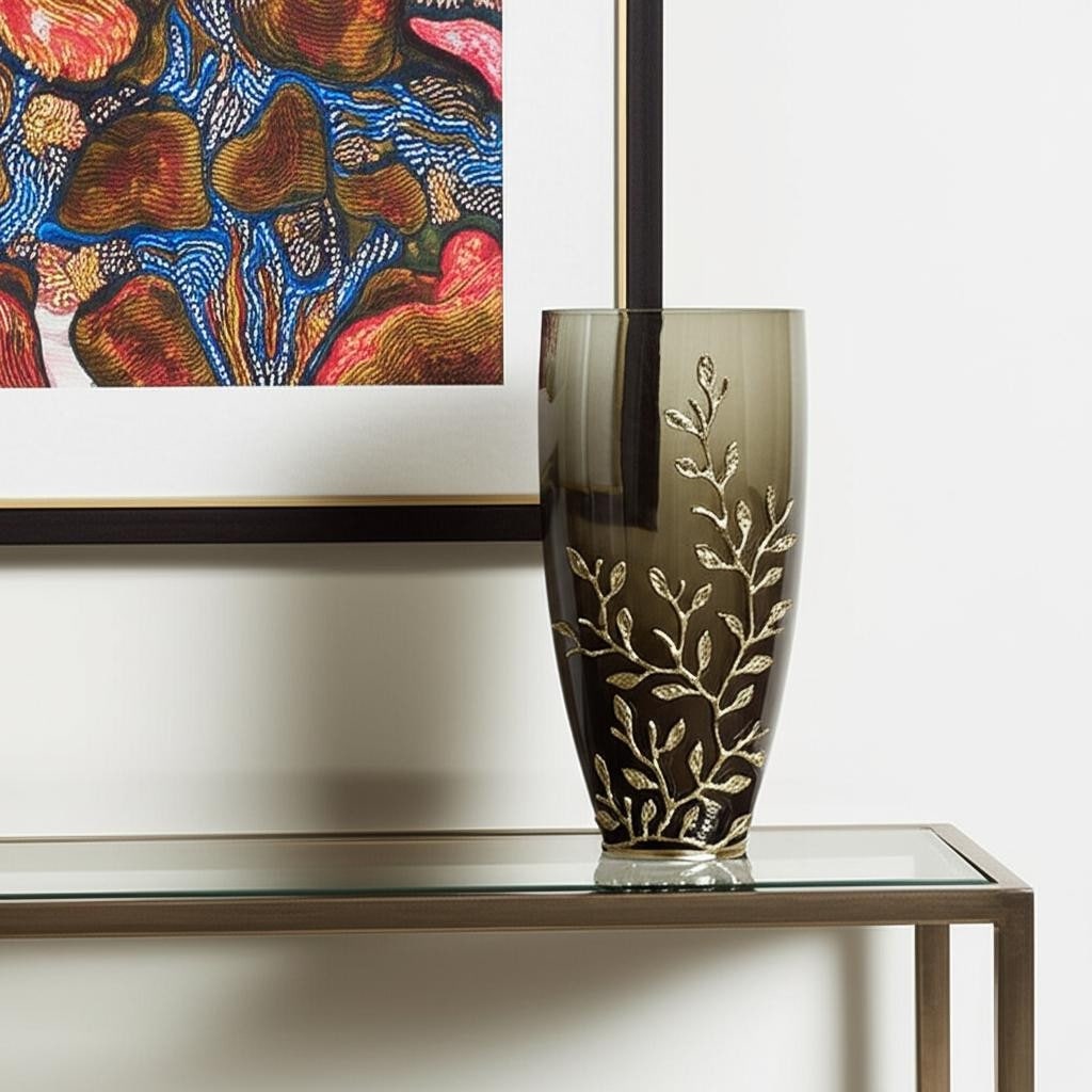 15" Dark Olive Green And Gold Branch Patterned Glass And Aluminum Table Vase - 8.50