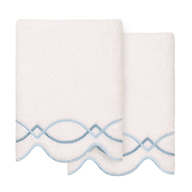 Authentic Hotel and Spa 100% Turkish Cotton DIAMOND CHAIN Scallop Embellished Towel Collection - White/Blue - 2 Hand Towels