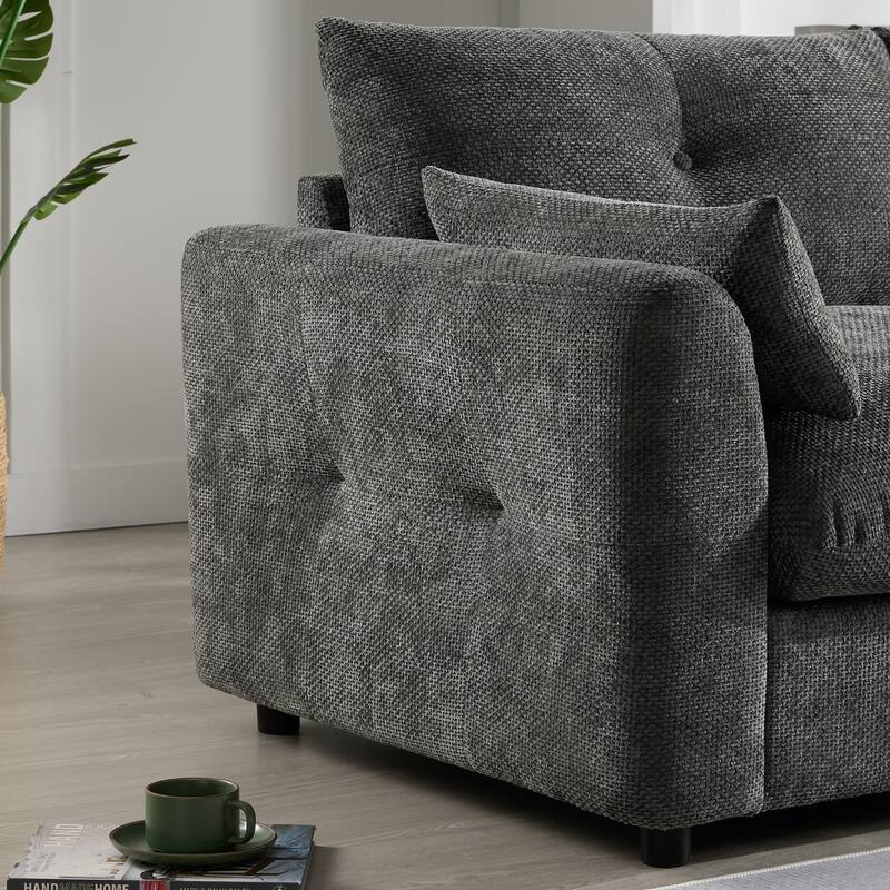 U-Shaped Pull-line Tufted Modular Design Chenille Sectional Sofa with Console, Cup Holder, USB Charger, Movable Storage Ottoman