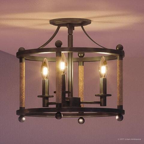 Luxury Rustic Semi-Flush Ceiling Light, 13"H x 13"W, with Country Style, Tightly Wound Rope Design, Royal Bronze Finish