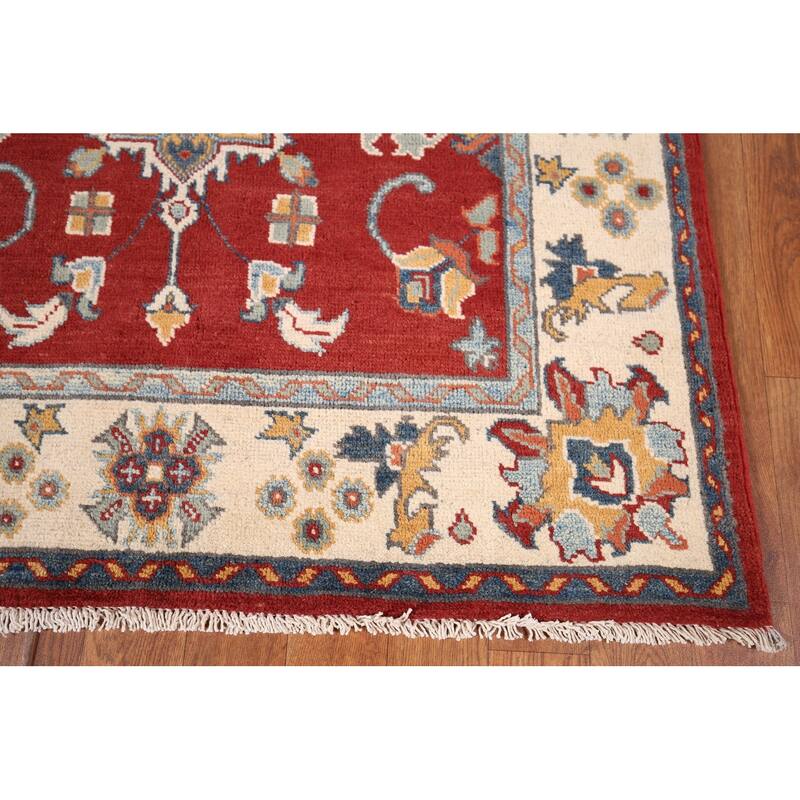 Red Geometric Kazak Foyer Rug Hand-Knotted Traditional Wool Carpet - 3'4" x 4'8"