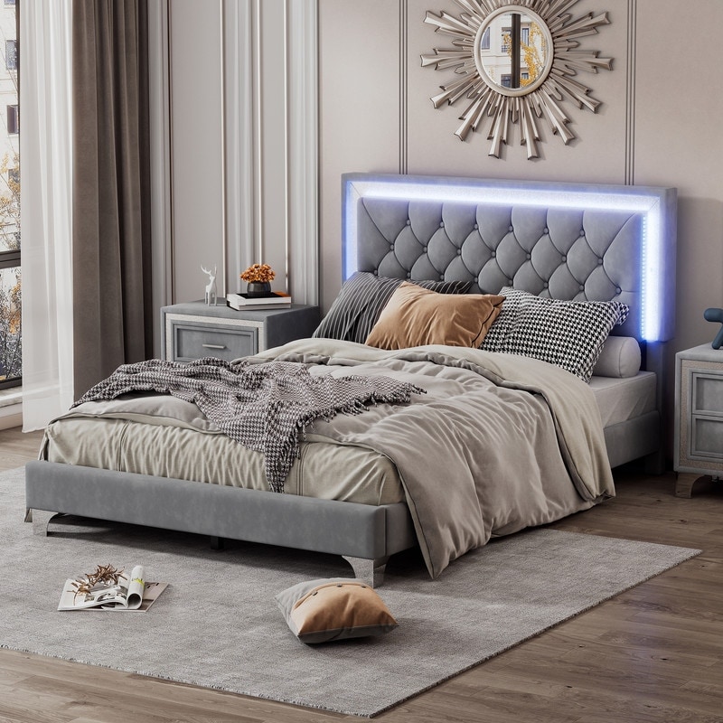 Queen platform bed with led lights hot sale