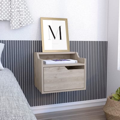 Modern Floating Nightstand , End Table, Side Table Single-Drawer Design with Sleek Two-Tiered Top Shelf Surfaces- Light Grey