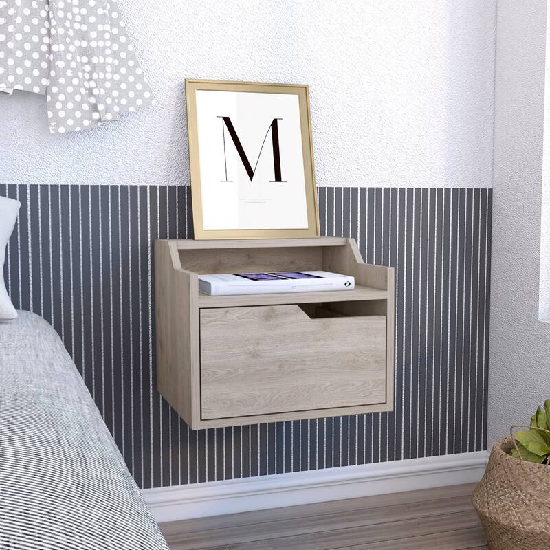 Modern Floating Nightstand with Single Drawer and Two-Tiered Shelf - Light Grey - Gray