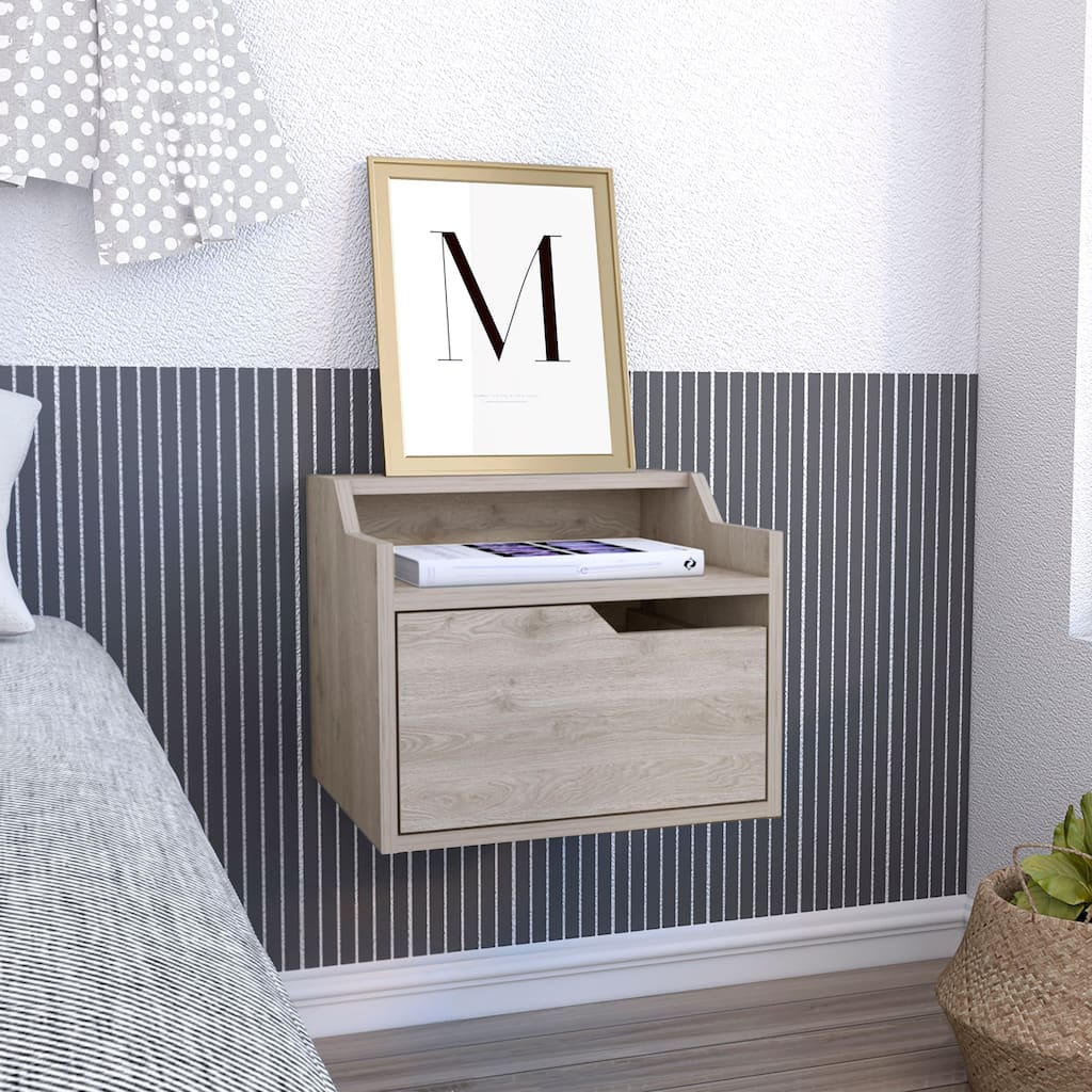 Sleek Two-Tiered Floating Nightstand with Single Drawer in Light Grey