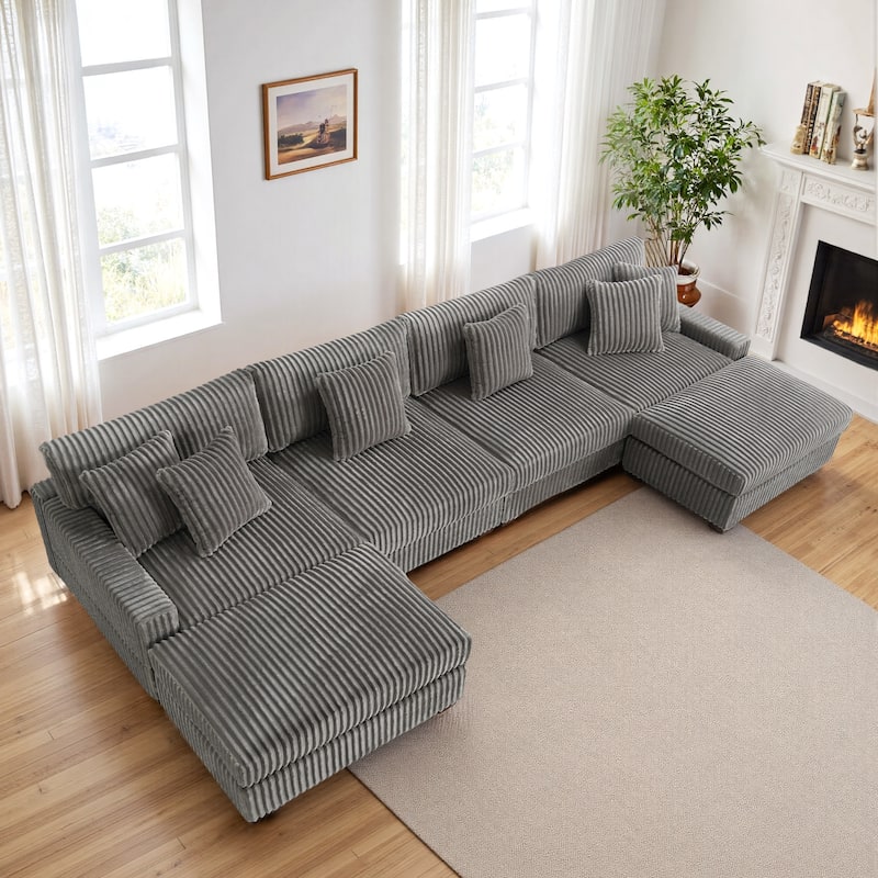 Anne 150" W Upholstered Plush Corduroy Modular Sectional Sofa