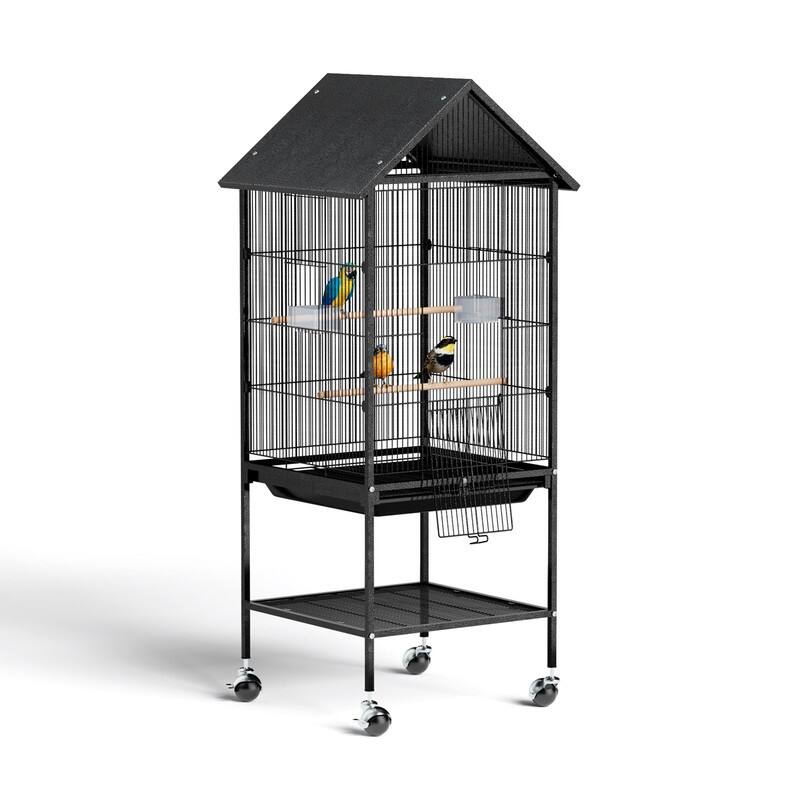 51in Wrought Iron Rolling Bird Cage, Large Flight Cage with Roof-top & Bottom Shelf, for Parrots Cockatiels Small/Medium Birds