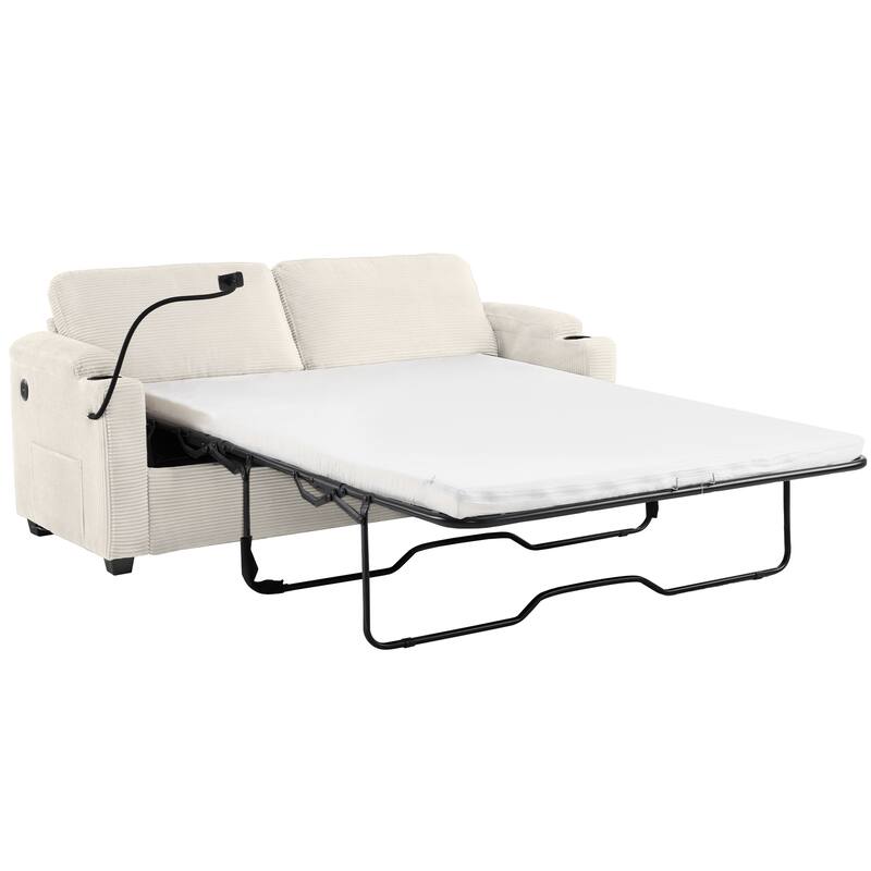 Roomfitters Corduroy Sleeper Sofa Loveseat with Full-Size Mattress, USB Ports, Cup Holders, Side Pockets