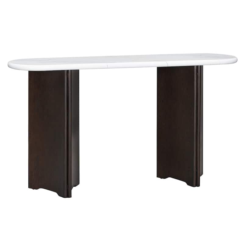 Rustic Sofa Table Narrow Console Table with Oval Faux Marble Top