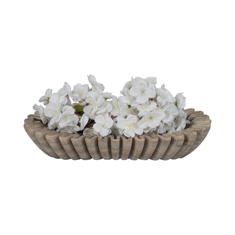 Decorative Wavy Marble Bowl with Ribbed Texture -Home Decor - 16", Tan