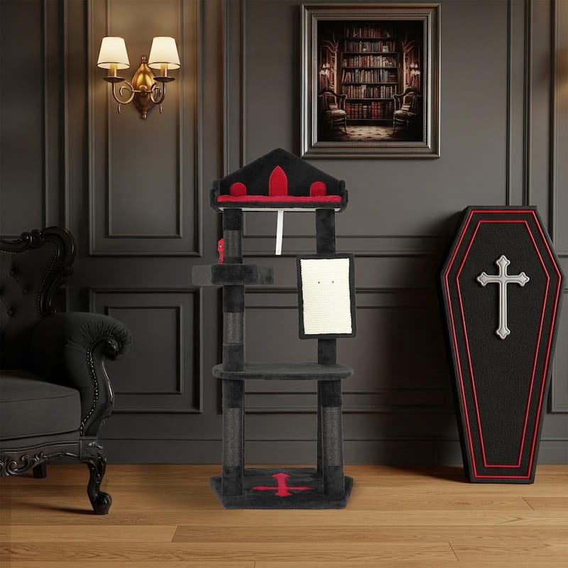 49" Gothic Cat Tree with Throne Bed and Coffin Perch Scratching Posts and Hanging Toy for Cats