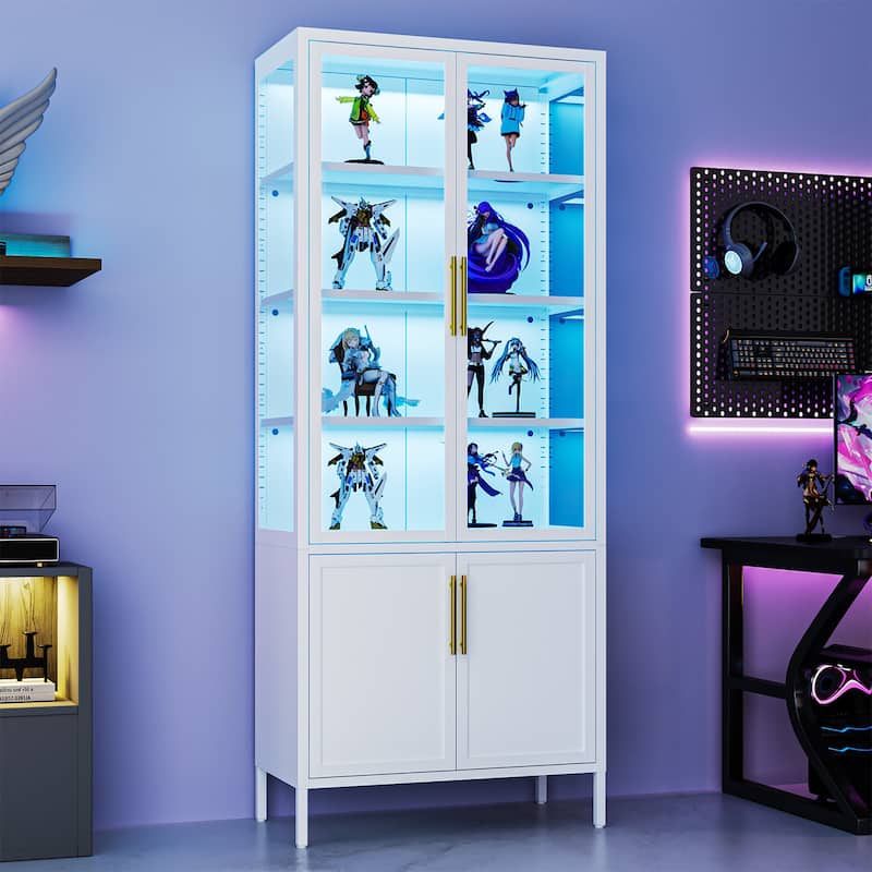 6-Tier Tempered Glass Curio Display Cabinet with 4 Doors, Adjustable Shelves, 13 Color Lights