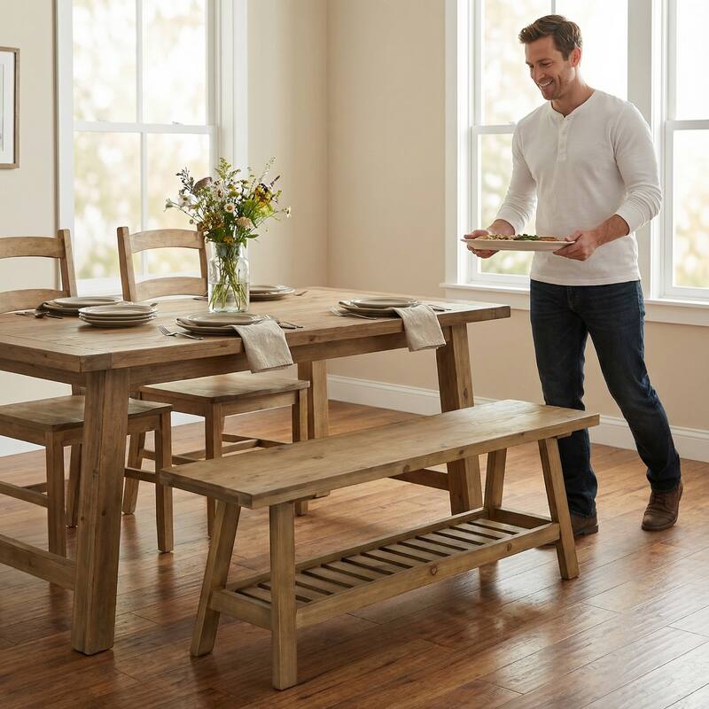 43" Farmhouse Wood Bench, 2-Tier Entryway Bench, Narrow Rustic Storage Bench with Open Storage Shelf for Entryway, Hallway