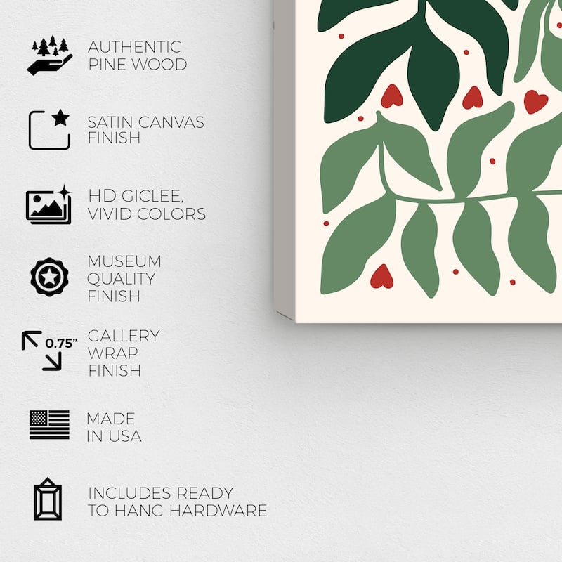 Wynwood Studio Canvas Holiday and Seasonal Leaf Vines with Red Fruits Green Modern & Contemporary Wall Art Canvas Print