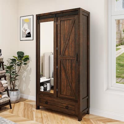 Moasis Farmhouse Bathroom Storage Cabinet Tall Storage Cabinet with Full Length Mirror & Drawers