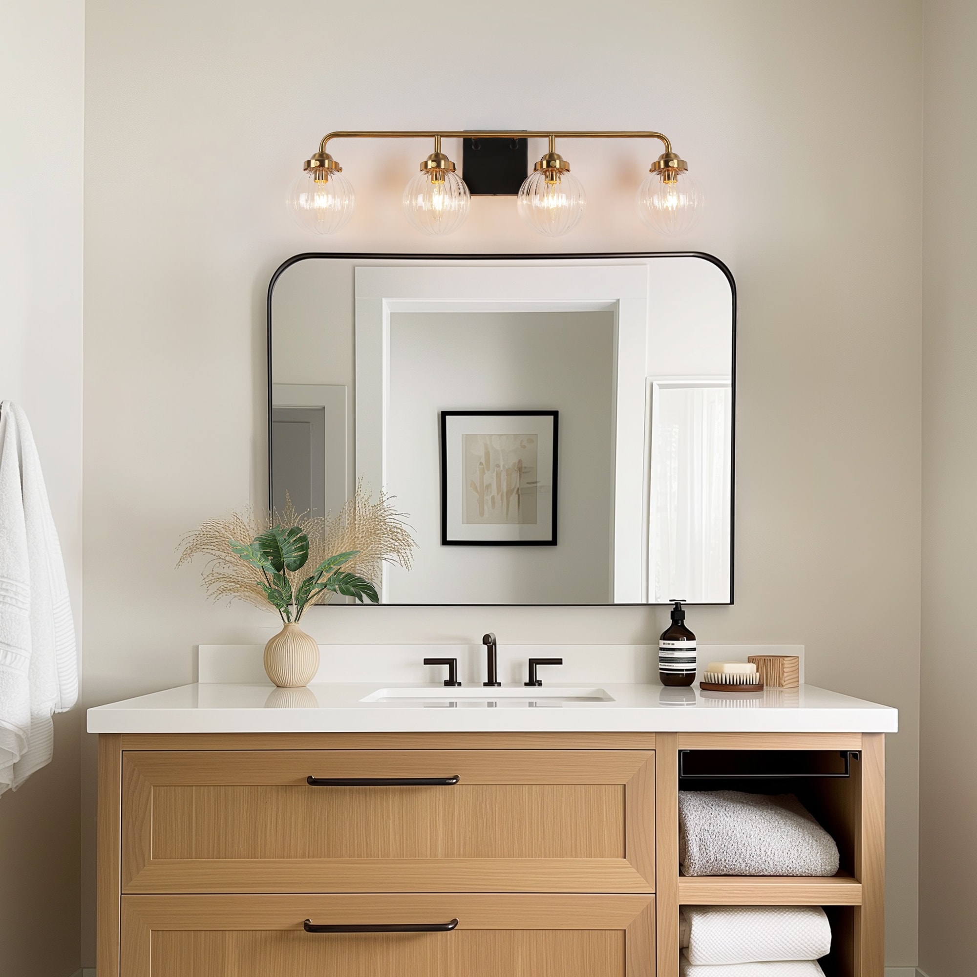 Modern Classic 4 Light Black Gold Bathroom Linear Vanity Lights Globe Glass Wall Sconces for Bathroom Sconces 28.5 L x 6.5 W x 8 H