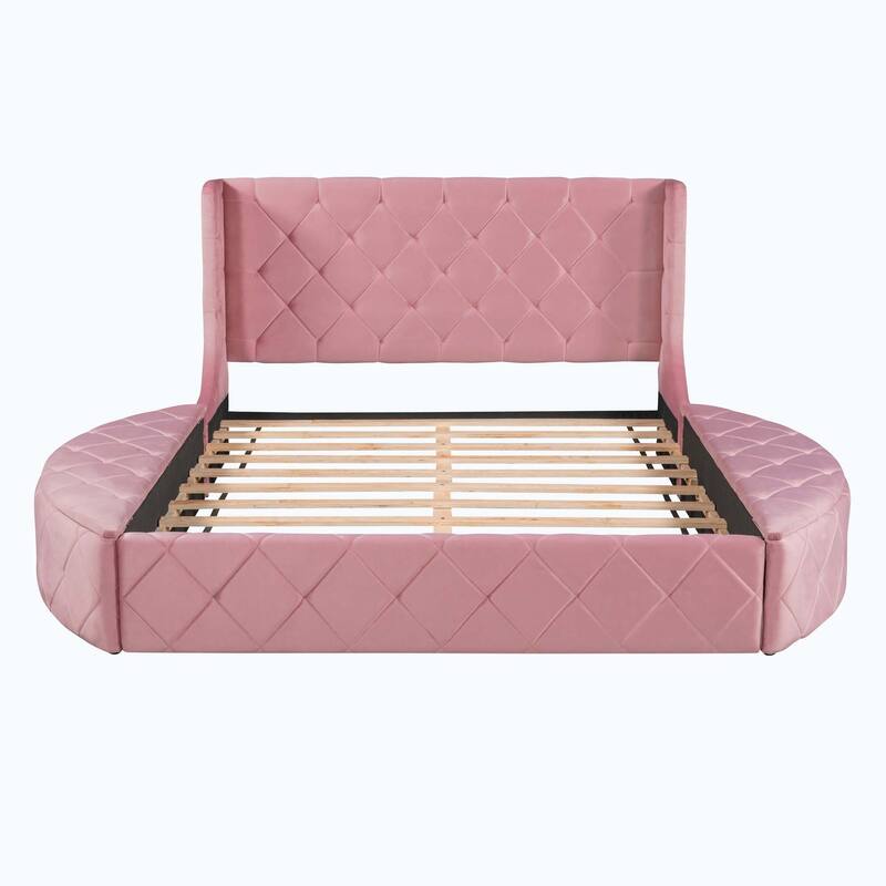 Queen Size Upholstered Platform Bed with Wingback Headboard and 1 Big Drawer,2 Side Storage Stool