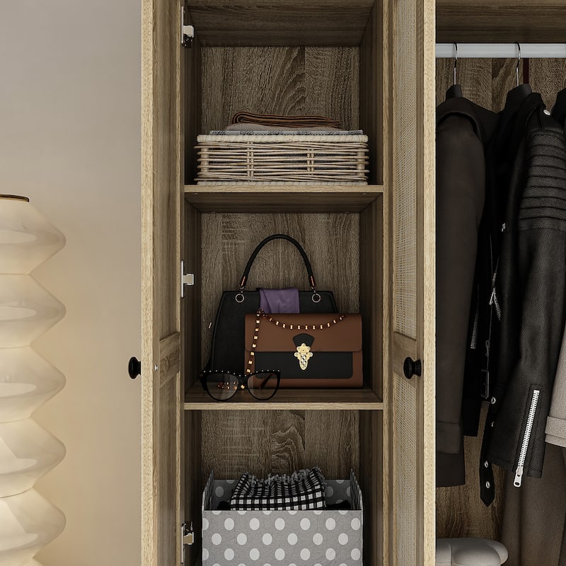 Rattan-Accented Wardrobe - Spacious Clothing Organizer with Style