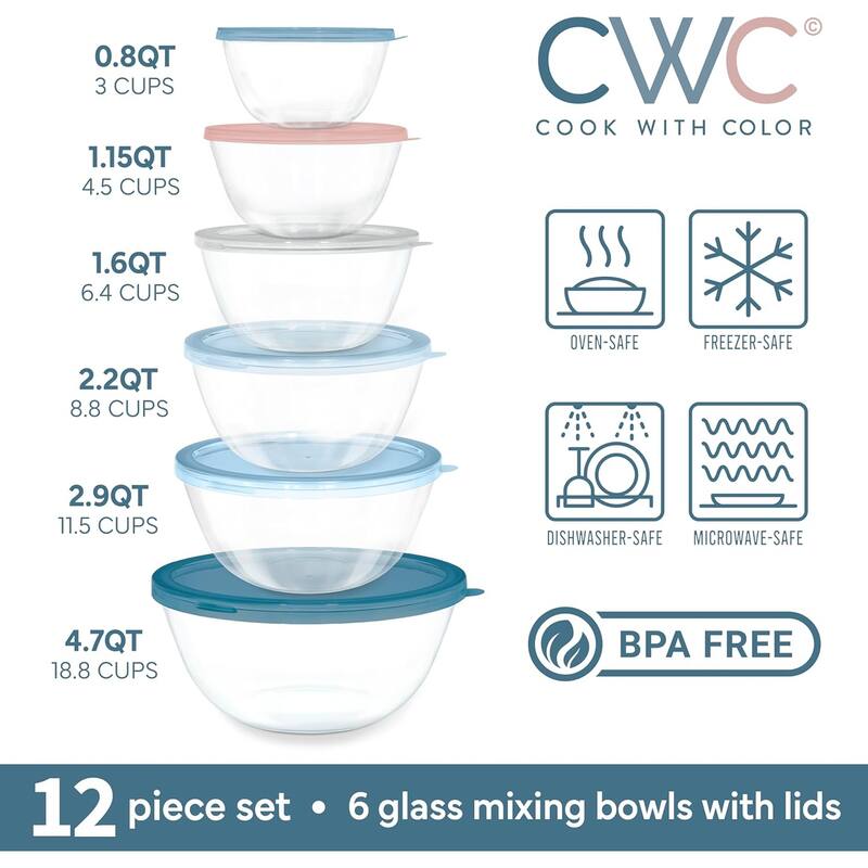 COOK WITH COLOR 12 Pc Glass Nesting Mixing Bowl Set with Lids for Cooking and Prep
