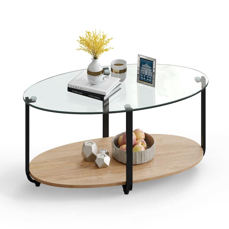 Gymax Glass-Top Coffee Table 2-Tier Modern Oval Side Sofa Table w/ - Brown - Glass