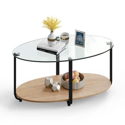Gymax Glass-Top Coffee Table 2-Tier Modern Oval Side Sofa Table w/