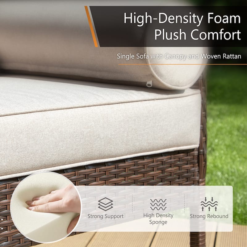 Single Rattan Sofa with Top Canopy, Elegant Wicker Couch for Outdoor