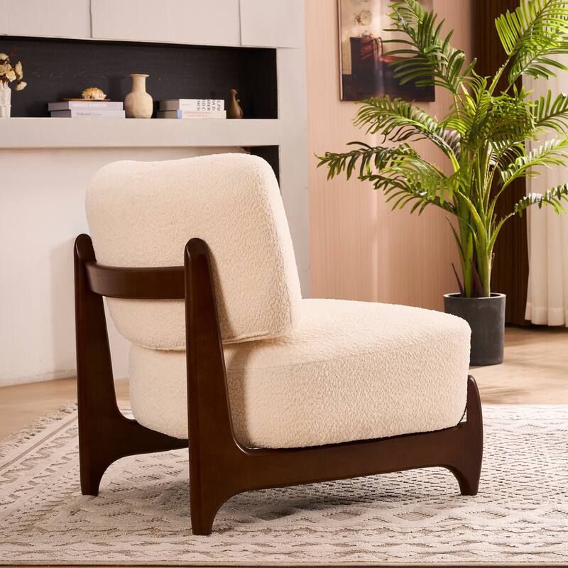 30"W Mid-Century Modern Accent Chair with Solid Wood Frame, Boucle Comfy Living Room Chair for Bedroom Lounge Reading Room