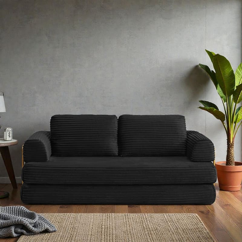 Convertible Sofa Bed Futon, Corduroy Folding Floor Couch with Pillows, Boneless Sleeper Mattress for Living Room