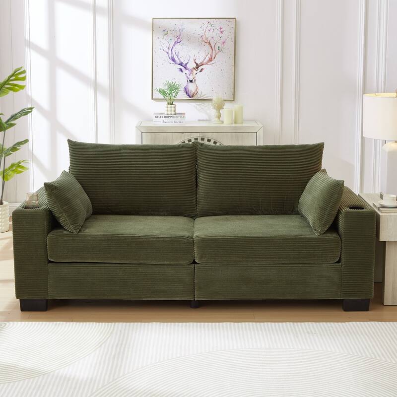 78" Corduroy 3-Seater Sofa with USB Ports, Cup Holders and Side Pockets
