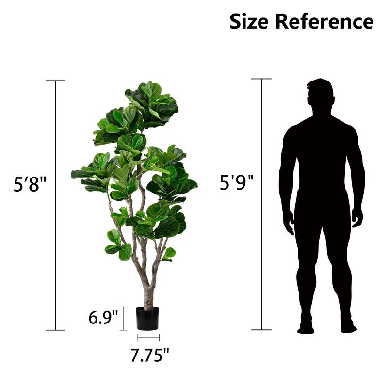 Artificial Fiddle Leaf Fig Tree - 2 Variants (4ft/5.75ft), Faux Green Plant in Black Plastic Pot, Indoor Low-Maintenance Decor
