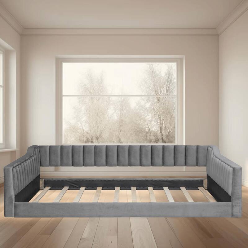 Full XL Size Velvet Upholstered Daybed with Side Storage Pocket, Stylish and Multifunctional Sofa Bed, for Bedroom, Guest Room - Grey - Full