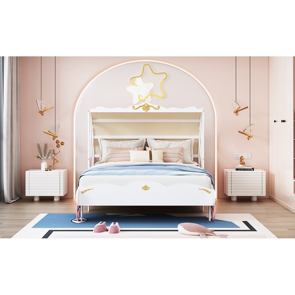 Full or Twin Size Carriage Bed with Linen Canopy Luxury Wooden