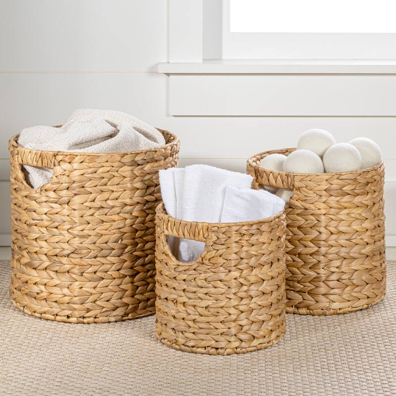 Handwoven Hyacinth Cylinder Nesting Baskets with Handles (Set 3) - Natural