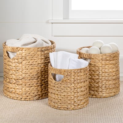 Handwoven Hyacinth Cylinder Nesting Baskets with Handles (Set 3)